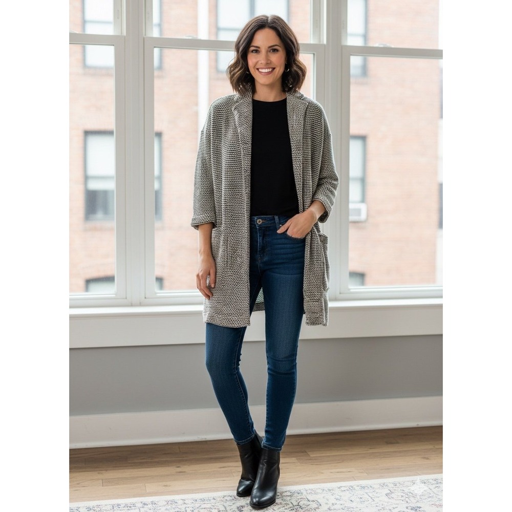 Marine Layer Birdseye Knit Open Long Cardigan black white Women's oversized XS